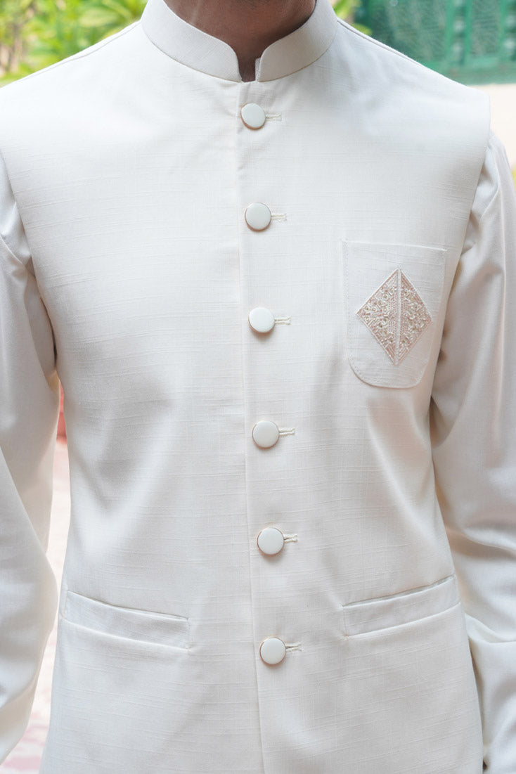 Off-White Embroidered Poly Viscose Waistcoat (3-Piece) - Image 5