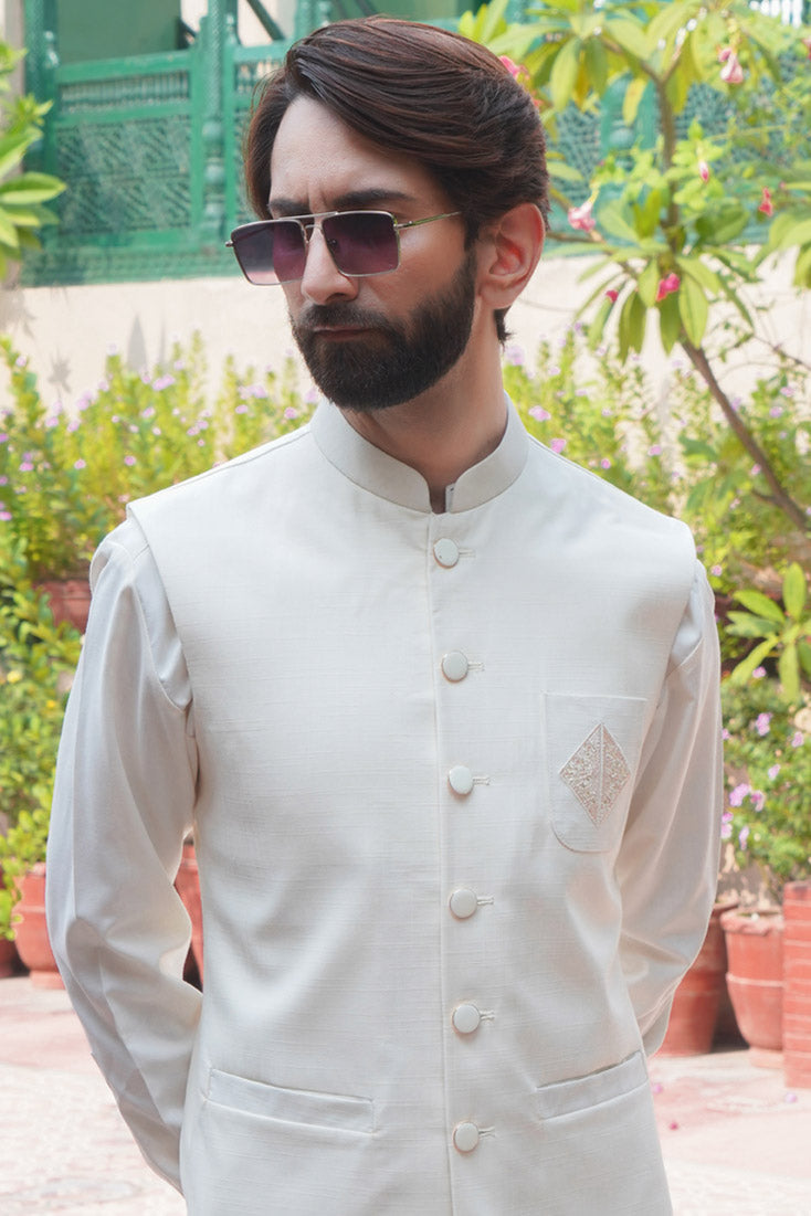 Off-White Embroidered Poly Viscose Waistcoat (3-Piece) - Image 6