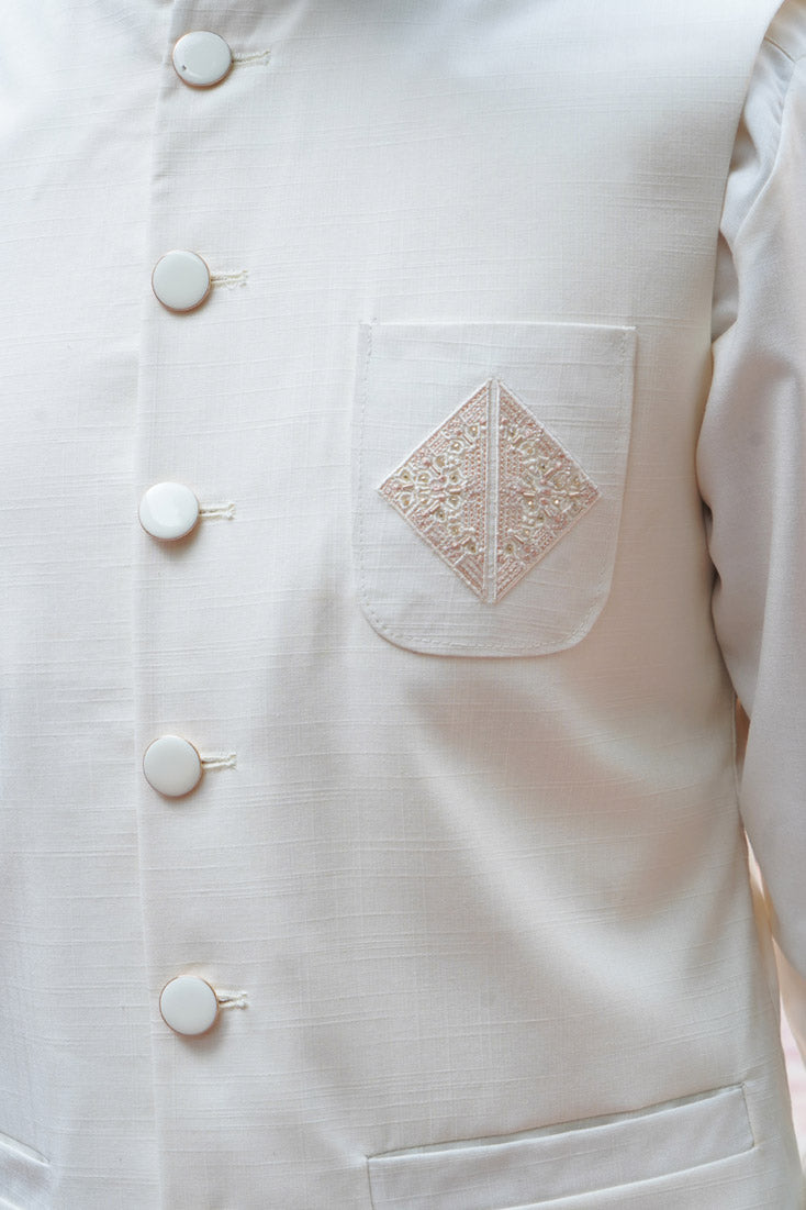 Off-White Embroidered Poly Viscose Waistcoat (3-Piece) - Image 7