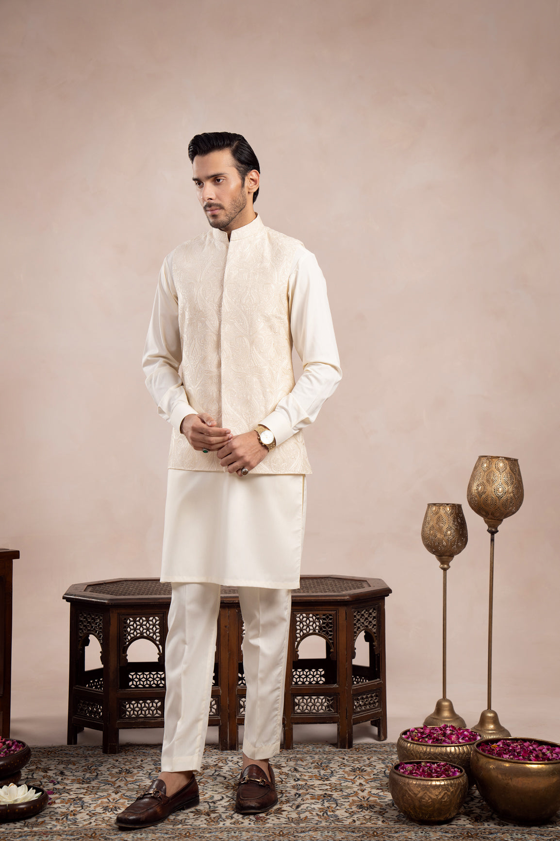 Bosky White Cross-Stitch Raw Silk Waistcoat Kurta (3-Piece) - Image 1