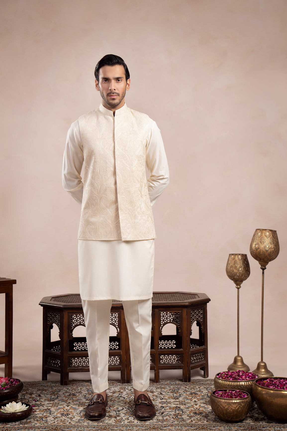 Bosky White Cross-Stitch Raw Silk Waistcoat Kurta (3-Piece) - Image 2