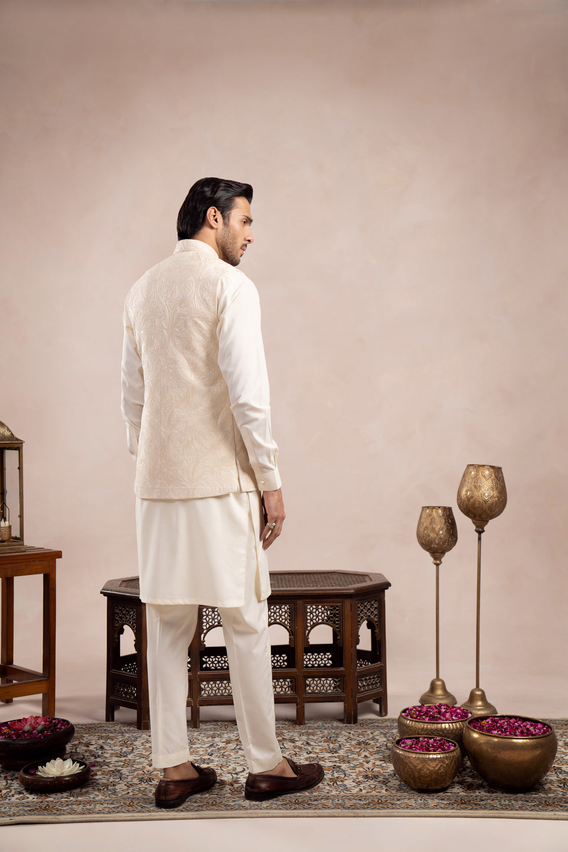 Bosky White Cross-Stitch Raw Silk Waistcoat Kurta (3-Piece) - Image 3