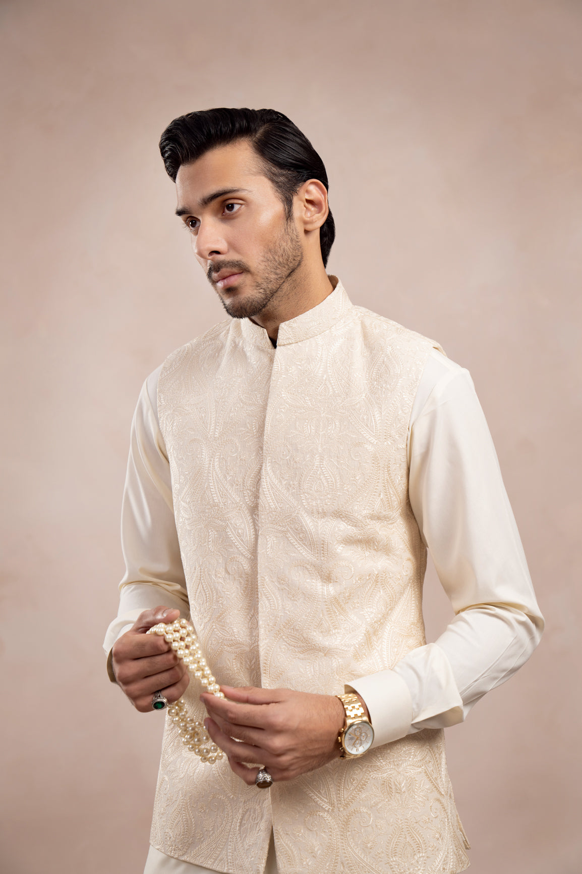 Bosky White Cross-Stitch Raw Silk Waistcoat Kurta (3-Piece) - Image 6