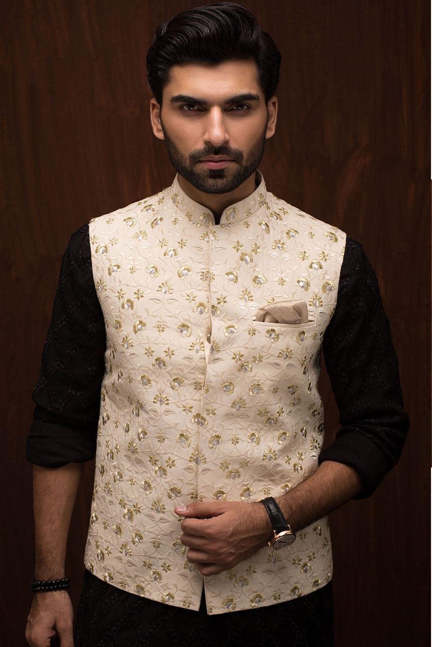 Ivory Embroidered Raw Silk Waistcoat (1-Pc) - Image 1