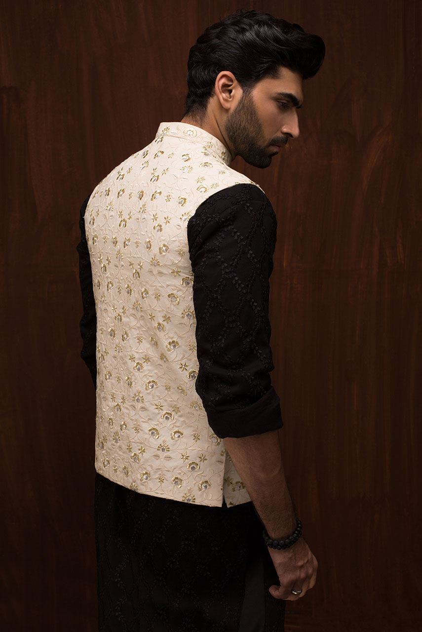 Ivory Embroidered Raw Silk Waistcoat (1-Pc) - Image 2