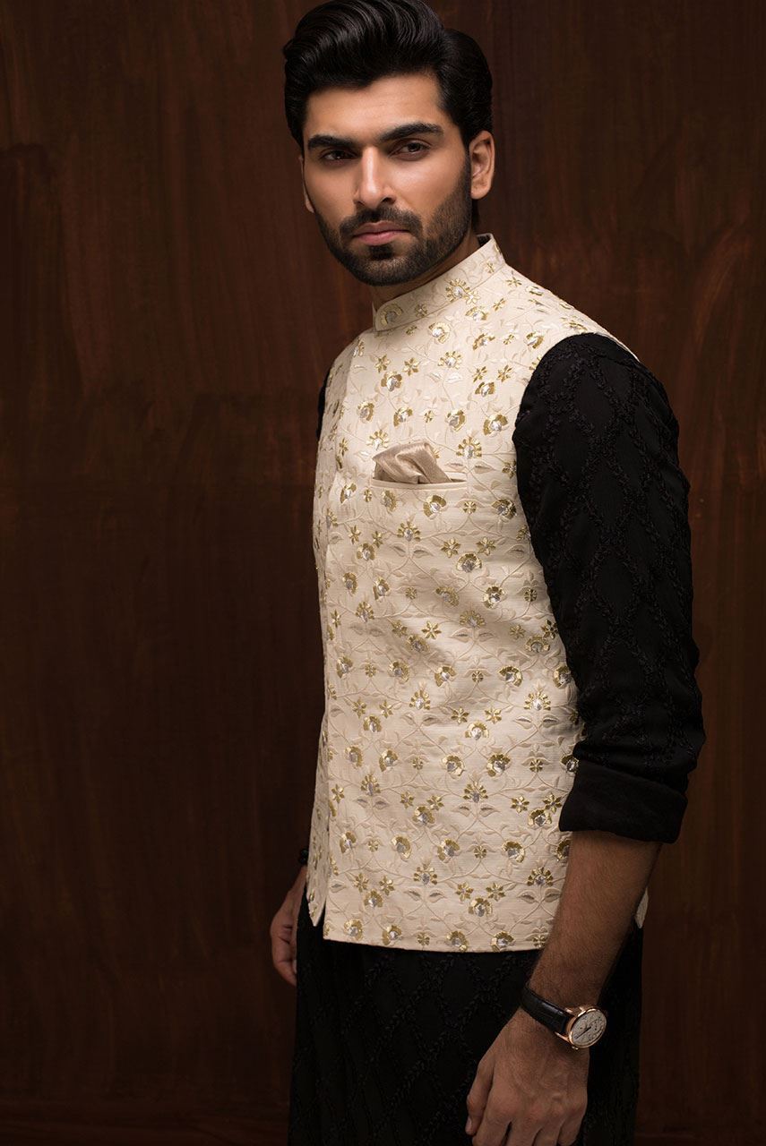 Ivory Embroidered Raw Silk Waistcoat (1-Pc) - Image 3