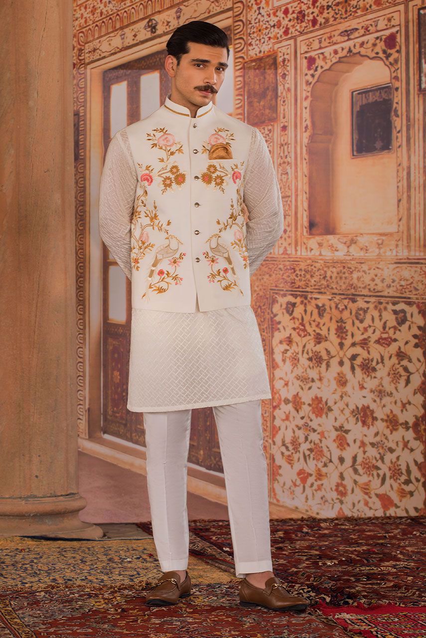 Ivory Embroidered Raw Silk Waistcoat Kurta (3-Piece) - Image 1