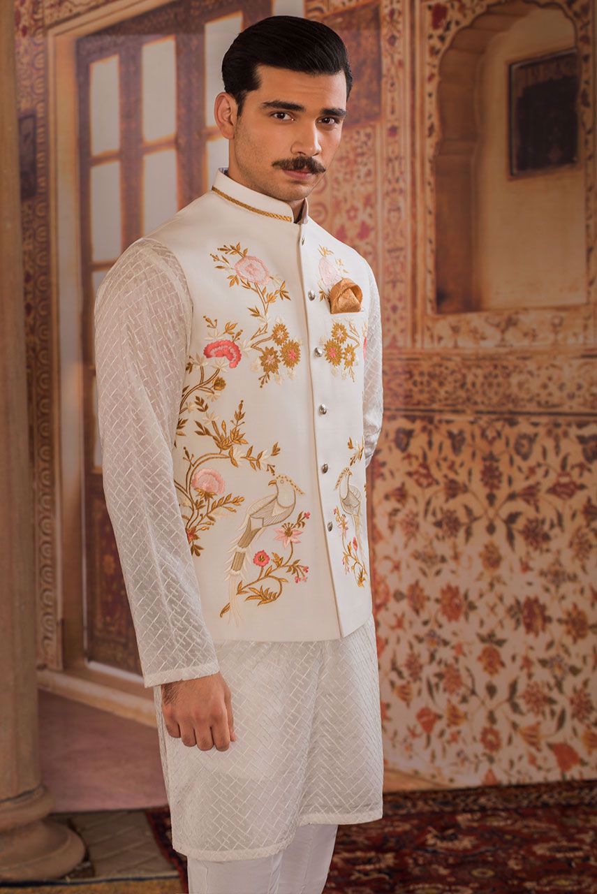 Ivory Embroidered Raw Silk Waistcoat Kurta (3-Piece) - Image 3