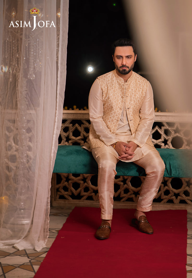 Off White Embroidered Raw Silk Waistcoat Kurta (3-Piece) - Image 2