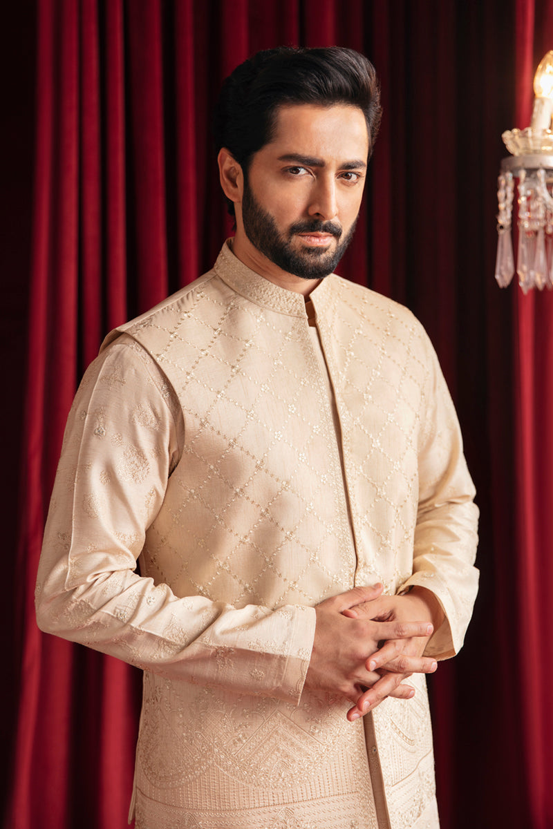 Ivory Embroidered Raw Silk Waistcoat Kurta (2-Piece) - Image 1