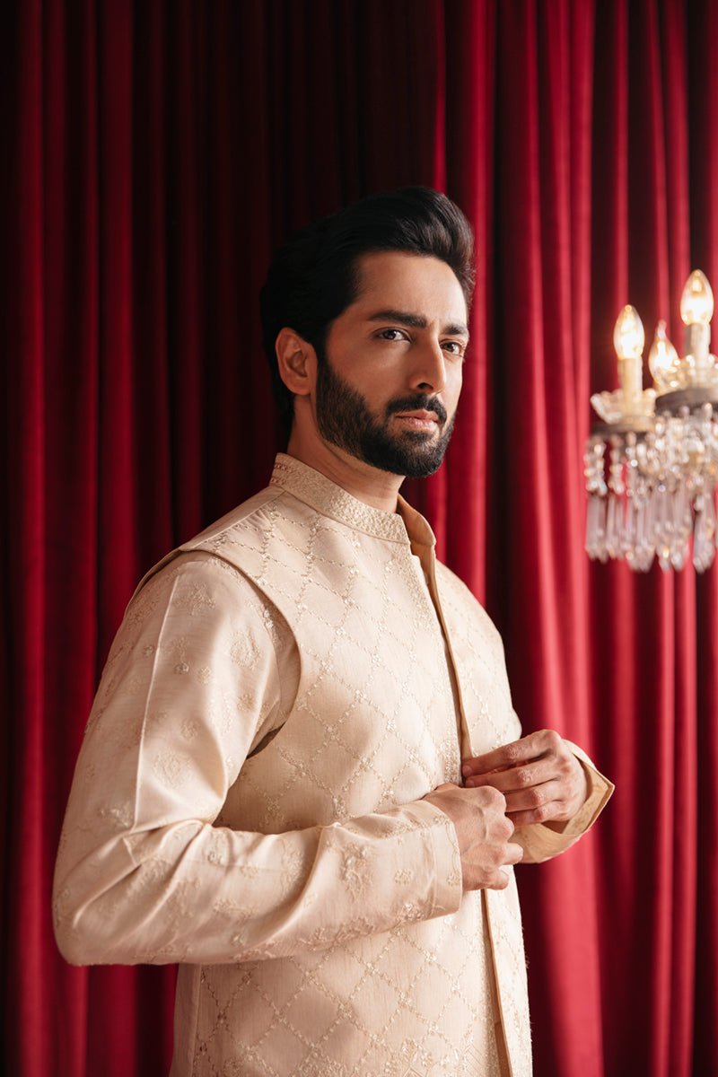 Ivory Embroidered Raw Silk Waistcoat Kurta (2-Piece) - Image 2