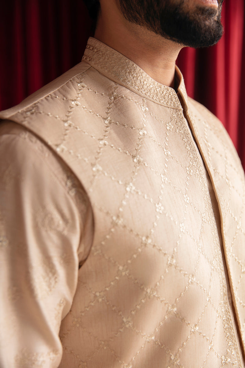 Ivory Embroidered Raw Silk Waistcoat Kurta (2-Piece) - Image 3