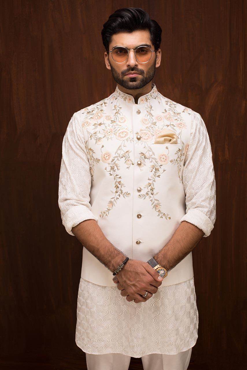 Ivory Floral Embroidered Raw Silk Waistcoat Kurta (3-Piece) - Image 1
