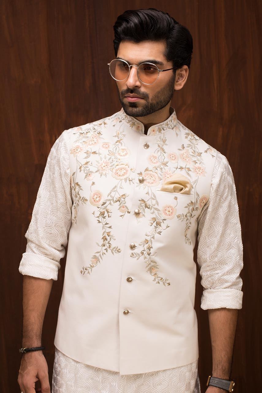 Ivory Floral Embroidered Raw Silk Waistcoat Kurta (3-Piece) - Image 2