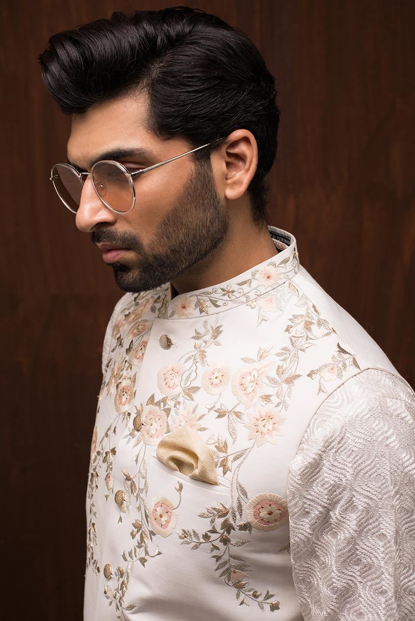 Ivory Floral Embroidered Raw Silk Waistcoat Kurta (3-Piece) - Image 3