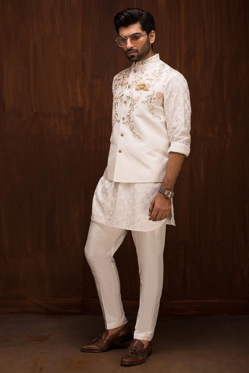 Ivory Floral Embroidered Raw Silk Waistcoat Kurta (3-Piece) - Image 4