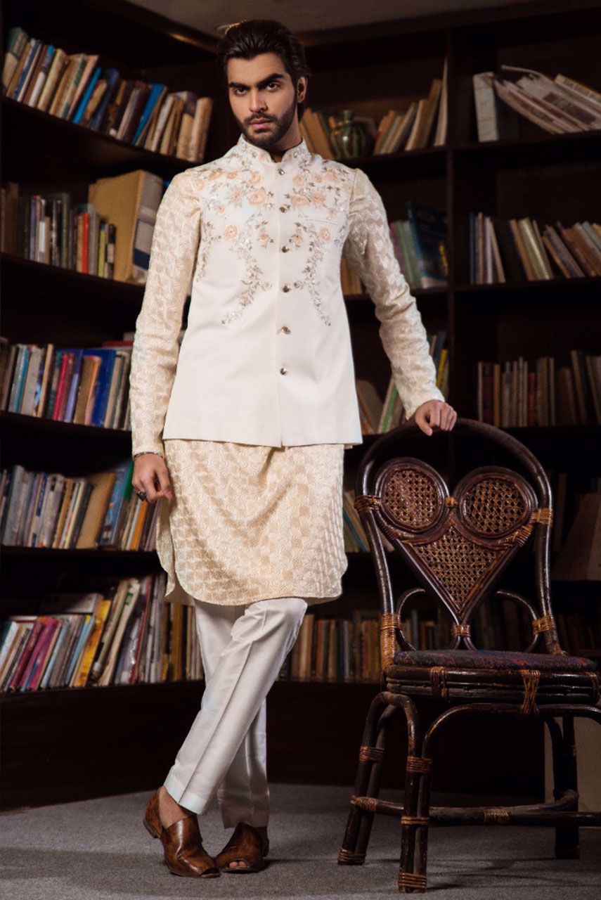 Ivory Floral Embroidered Raw Silk Waistcoat Kurta (3-Piece) - Image 5