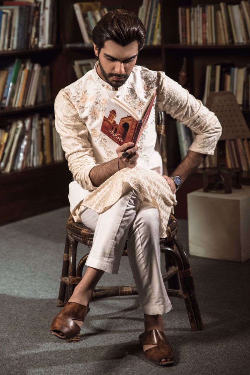 Ivory Floral Embroidered Raw Silk Waistcoat Kurta (3-Piece) - Image 6