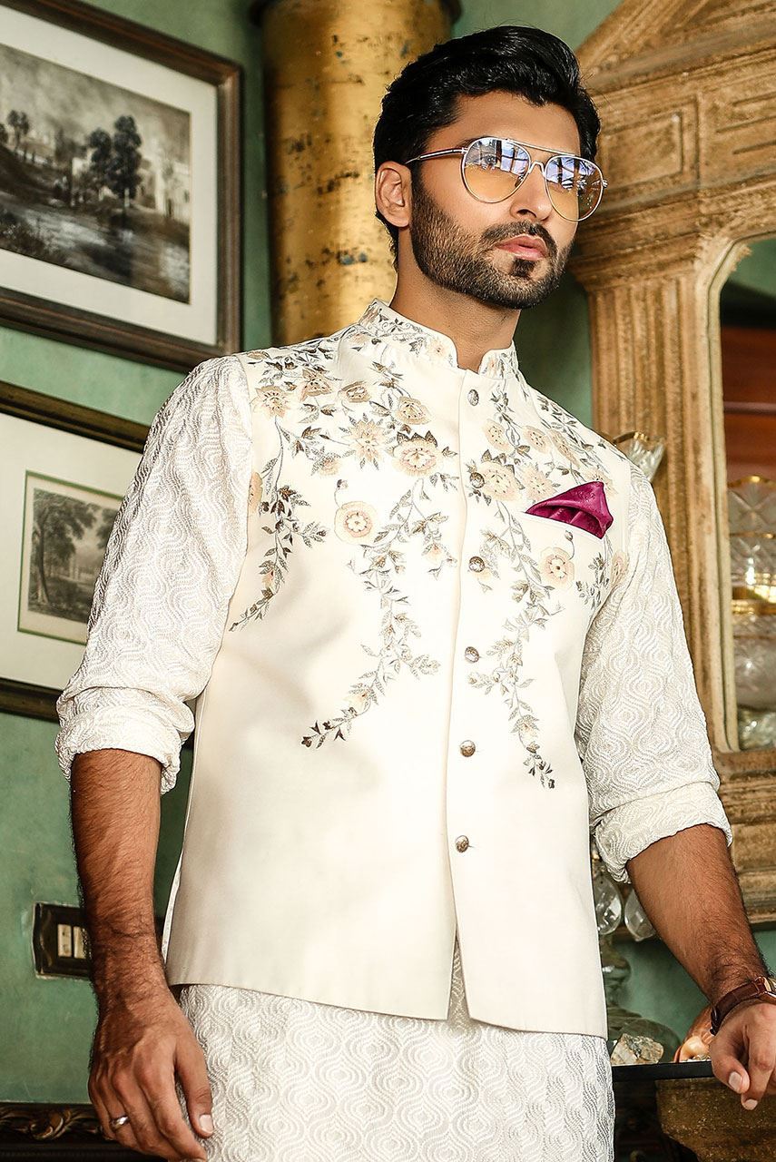 Ivory Embroidered Raw Silk Waistcoat Kurta (3-Piece) - Image 1