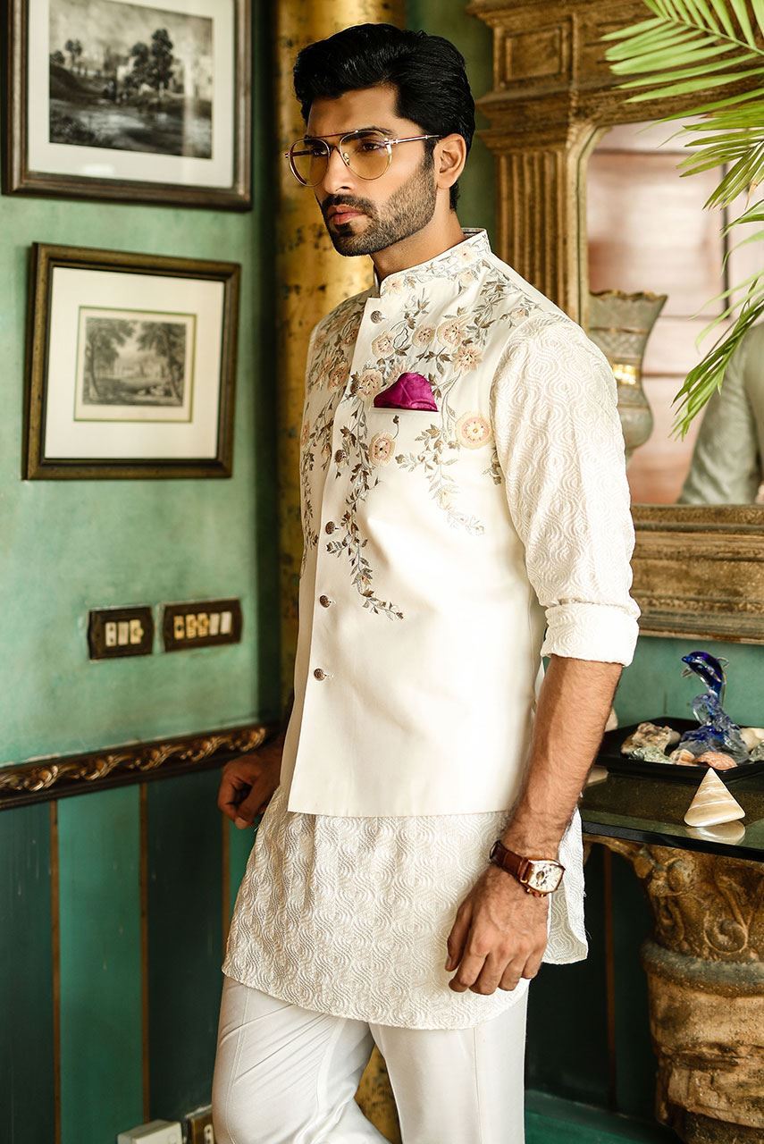 Ivory Embroidered Raw Silk Waistcoat Kurta (3-Piece) - Image 2