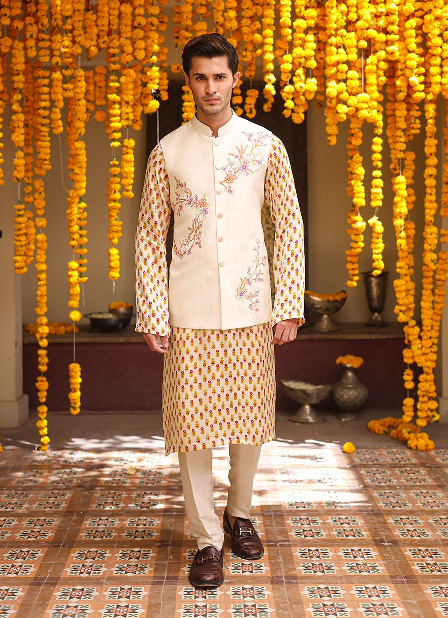 Ivory Floral Embroidered Raw Silk Waistcoat Kurta (3-Piece) - Image 1
