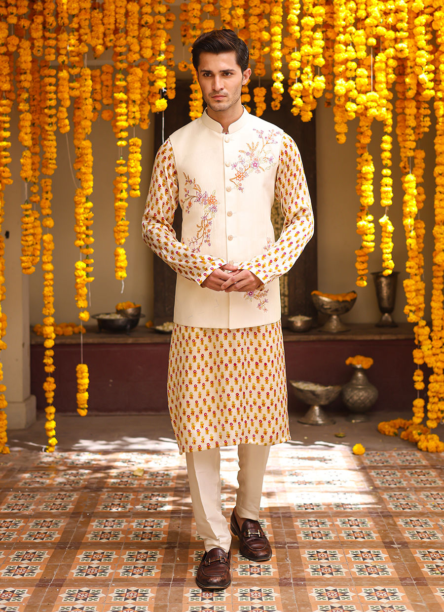 Ivory Floral Embroidered Raw Silk Waistcoat Kurta (3-Piece) - Image 2