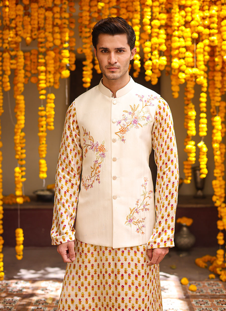 Ivory Floral Embroidered Raw Silk Waistcoat Kurta (3-Piece) - Image 3