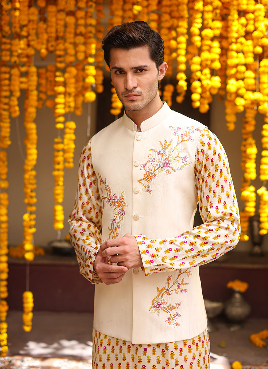 Ivory Floral Embroidered Raw Silk Waistcoat Kurta (3-Piece) - Image 4