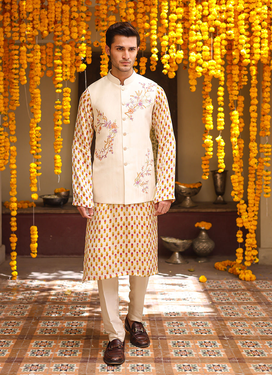 Ivory Floral Embroidered Raw Silk Waistcoat Kurta (3-Piece) - Image 5