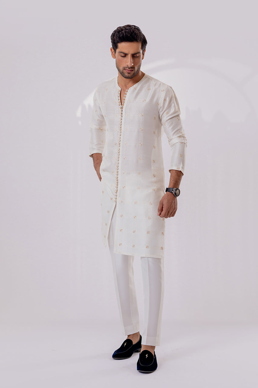 Off-White Geometric Embroidered Raw Silk Kurta Set (3-Piece) - Image 3