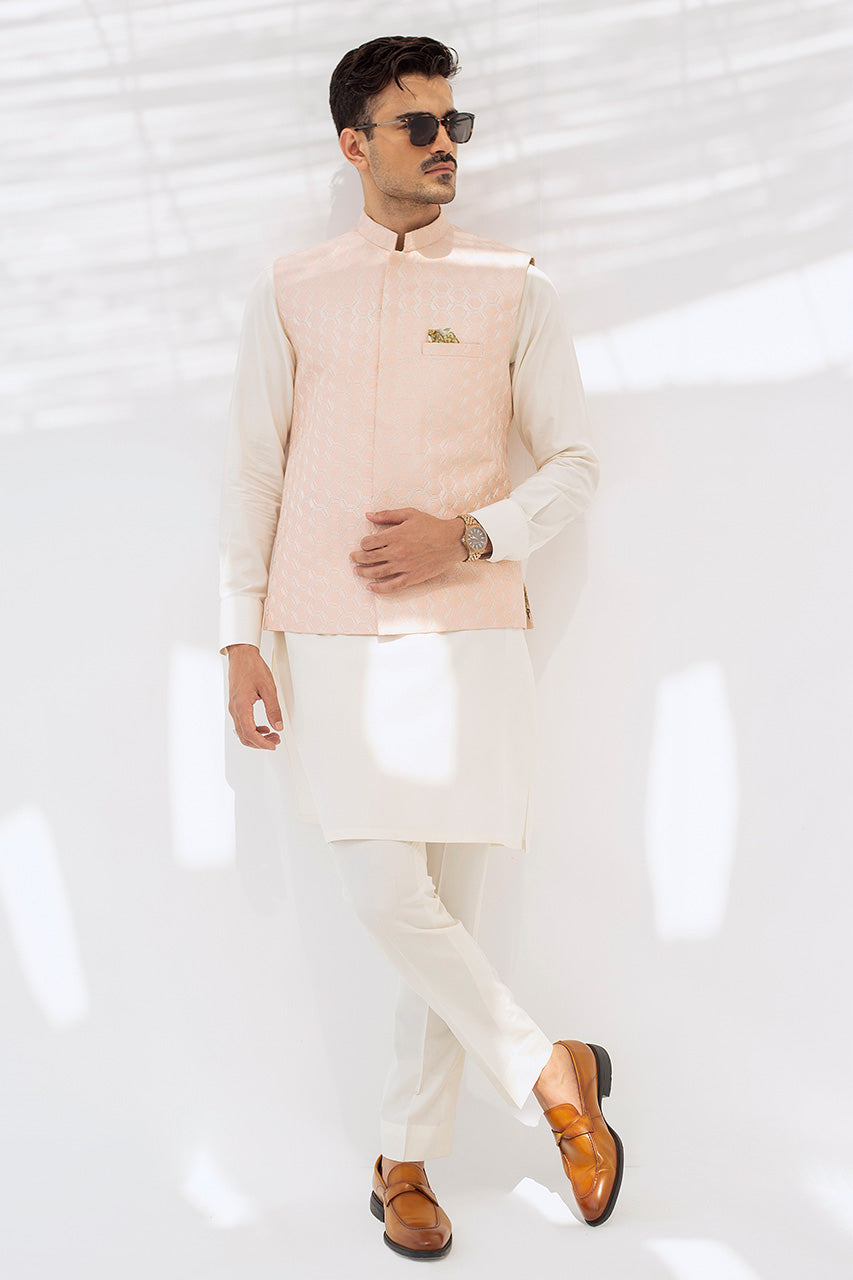 Pearl White Boski Kurta with Blush Pink Waistcoat (3-Piece) - Image 1