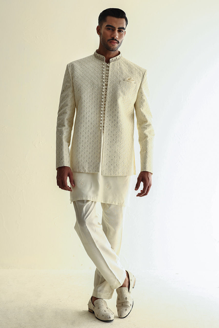 Ivory Embroidered Raw Silk Nehru Jacket Kurta (3-Piece) - Image 1
