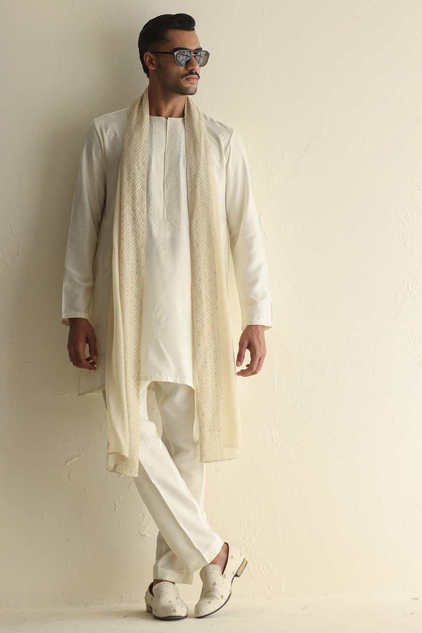 Ivory Embroidered Raw Silk Nehru Jacket Kurta (3-Piece) - Image 2