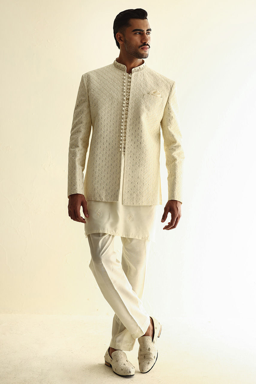 Ivory Embroidered Raw Silk Nehru Jacket Kurta (3-Piece) - Image 3
