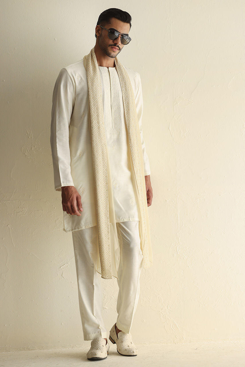 Ivory Embroidered Raw Silk Nehru Jacket Kurta (3-Piece) - Image 4