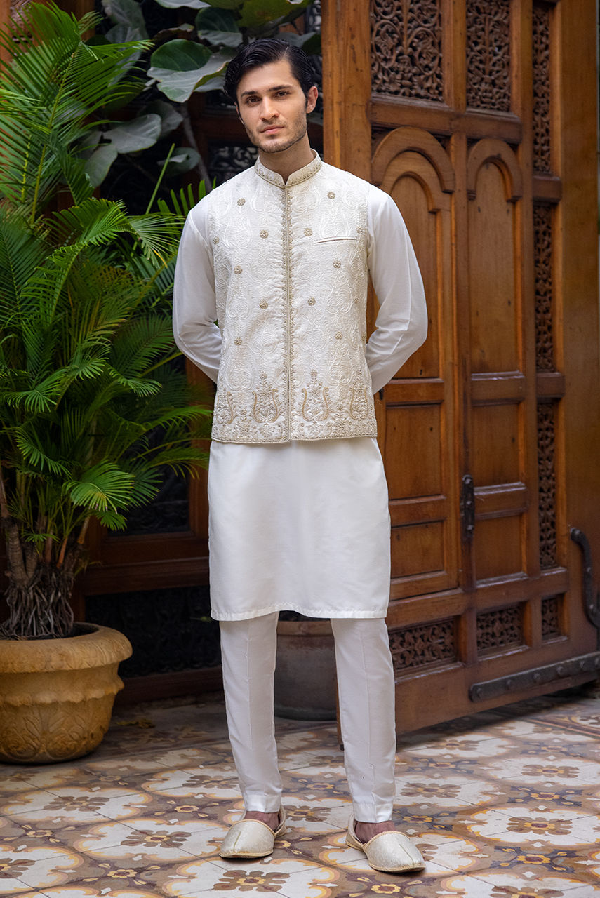 Gold and White Embroidered Raw Silk Waistcoat Kurta (3-Piece) - Image 1