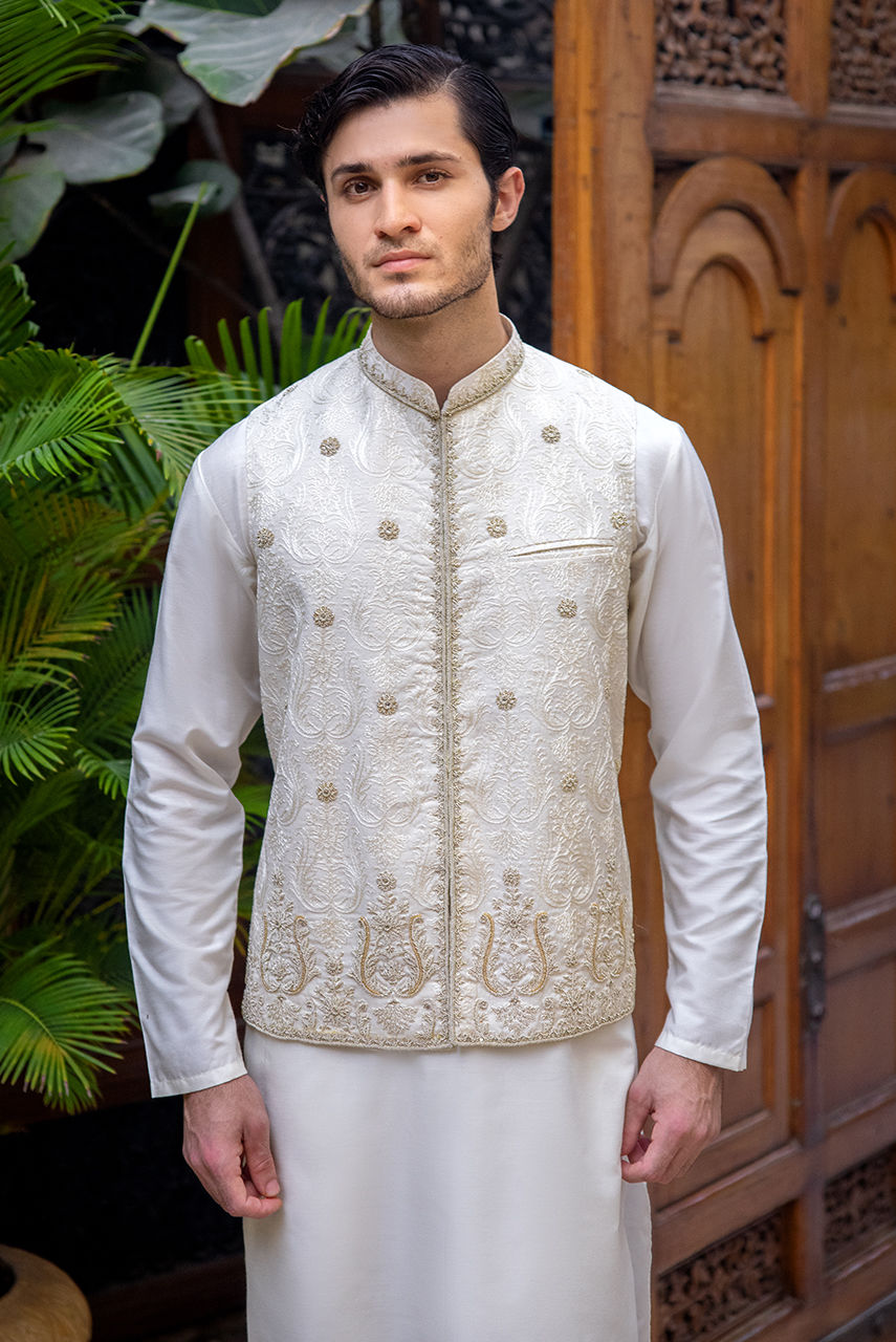 Gold and White Embroidered Raw Silk Waistcoat Kurta (3-Piece) - Image 2