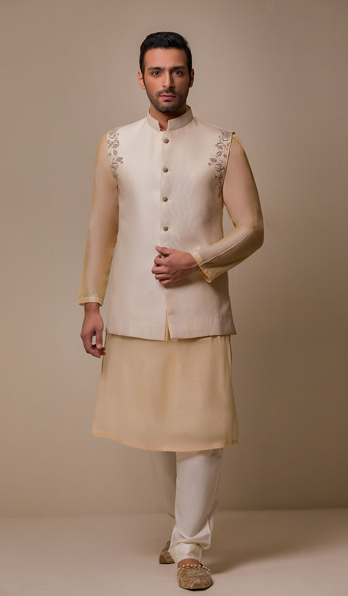 Linen White Hand Embroidered Raw Silk Waistcoat (3-Piece) - Image 1