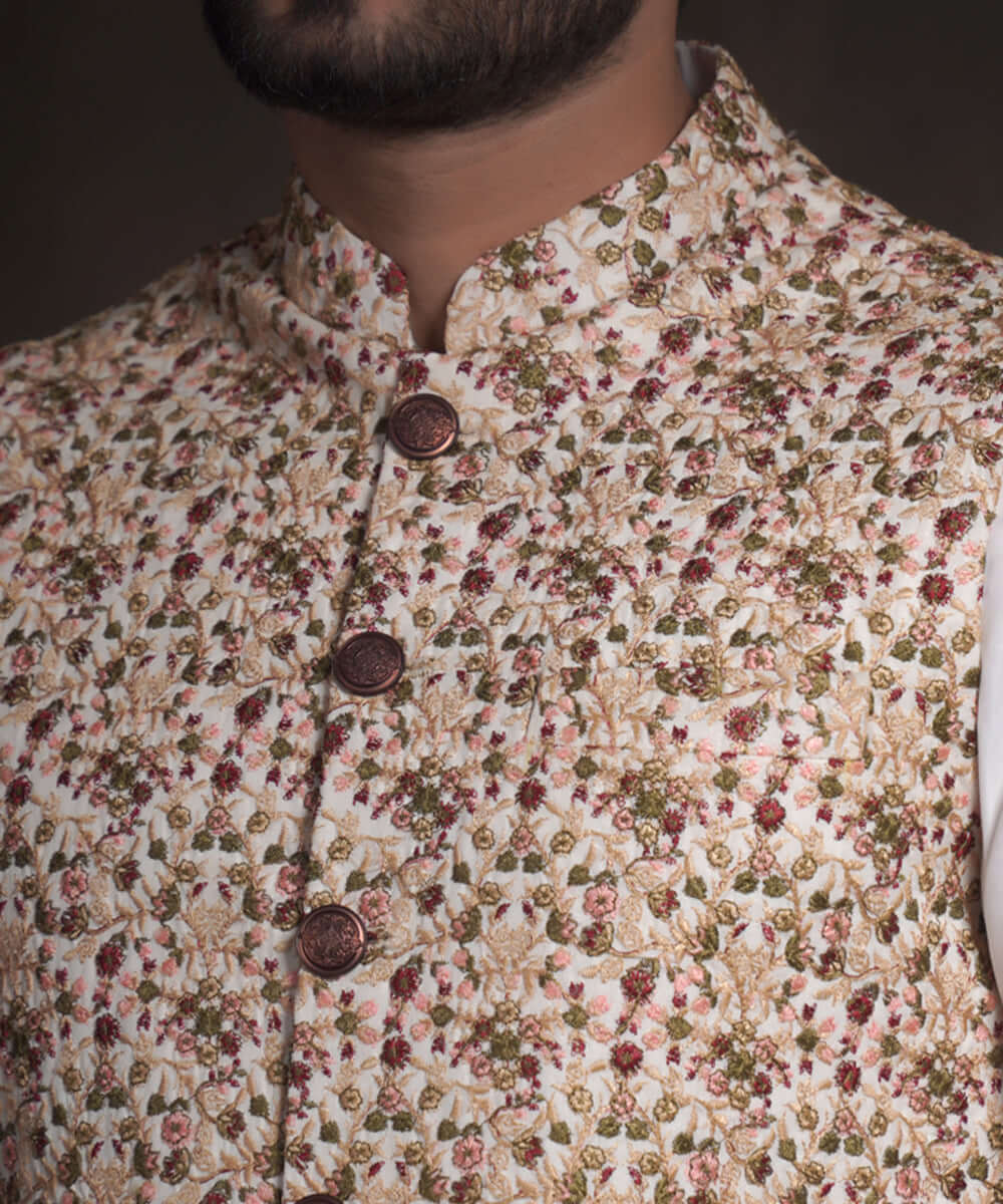 Ivory Micro Floral Embroidered Raw Silk Waistcoat (3-Piece) - Image 2