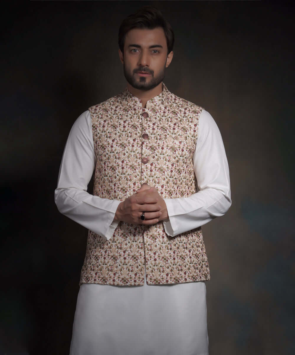 Ivory Micro Floral Embroidered Raw Silk Waistcoat (3-Piece) - Image 4