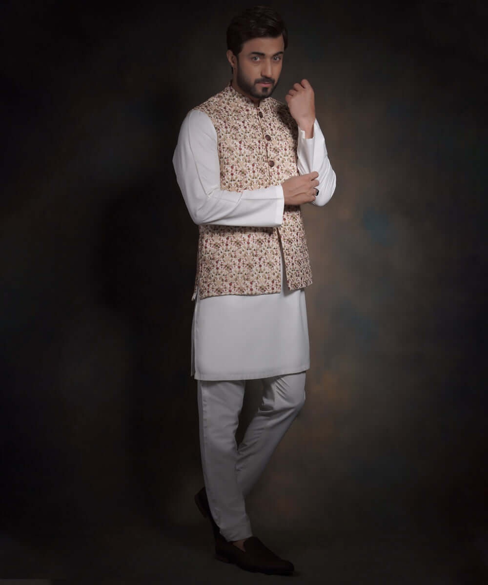 Ivory Micro Floral Embroidered Raw Silk Waistcoat (3-Piece) - Image 5