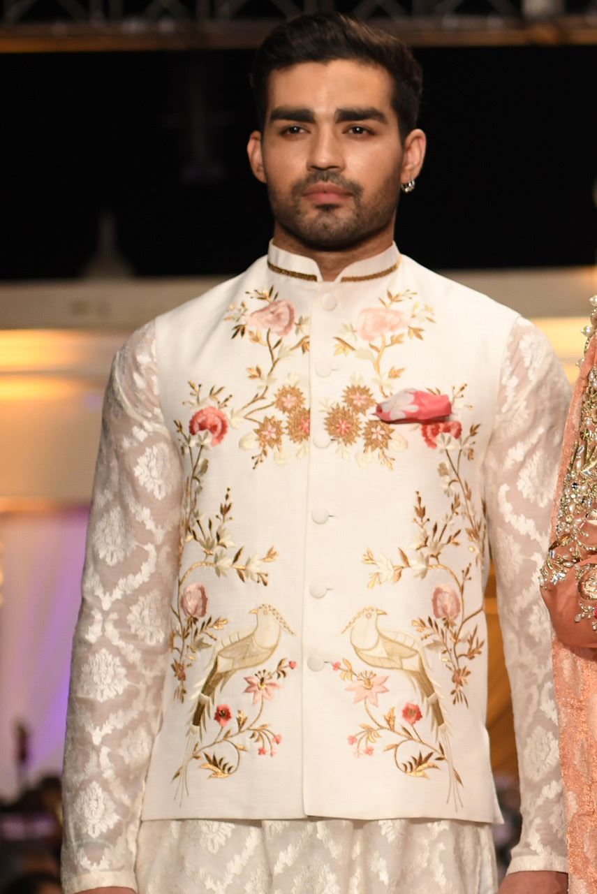 Ivory Embroidered Raw Silk Waistcoat Kurta (3-Piece) - Image 1