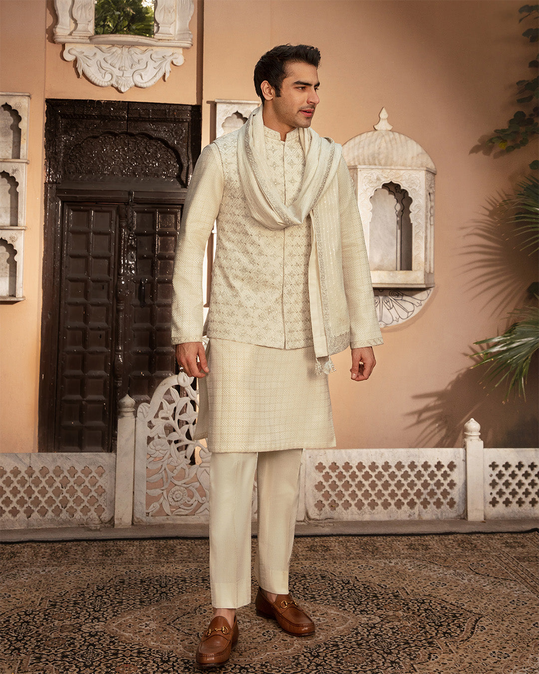 Off-White Embroidered Silk Waistcoat Kurta Set (3-Piece) - Image 1