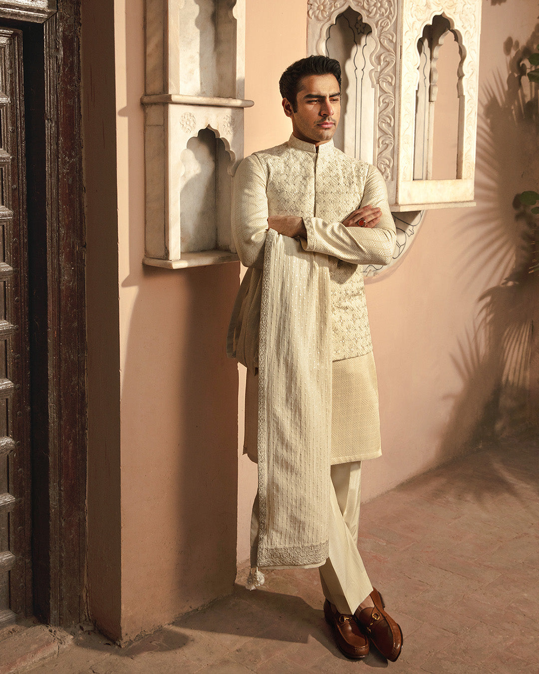 Off-White Embroidered Silk Waistcoat Kurta Set (3-Piece) - Image 2