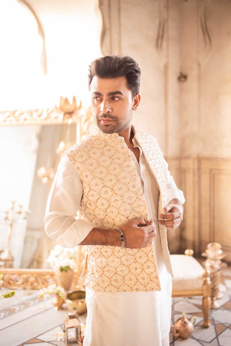 White Salma Sitara Raw Silk Waistcoat Kurta (3-Piece) - Image 5