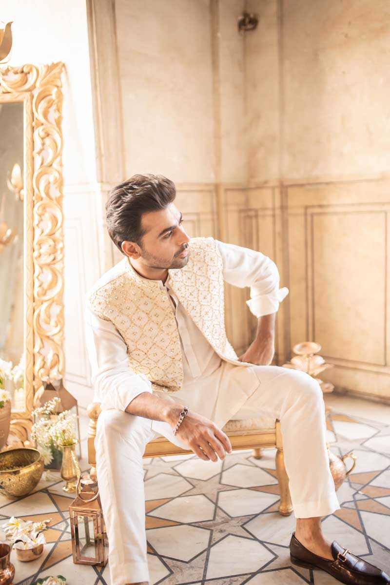 White Salma Sitara Raw Silk Waistcoat Kurta (3-Piece) - Image 7