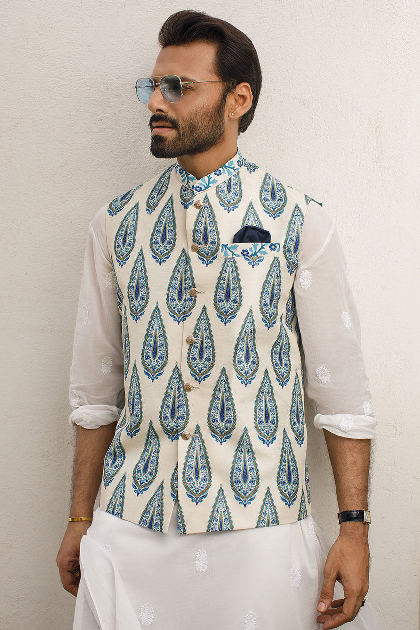 Ivory Blue Digital Print Raw Silk Waistcoat (3-Piece) - Image 1