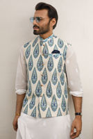 Ivory Blue Digital Print Raw Silk Waistcoat (3-Piece) - Image 2