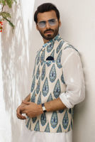 Ivory Blue Digital Print Raw Silk Waistcoat (3-Piece) - Image 3