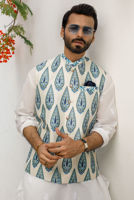 Ivory Blue Digital Print Raw Silk Waistcoat (3-Piece) - Image 4